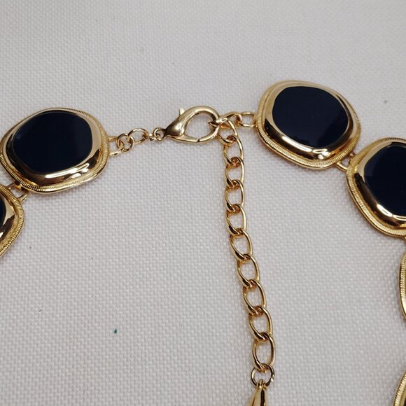Vintage Gold Tone Navy Enamel Link Statement Necklace 1980s 1990s - Picture 5 of 8